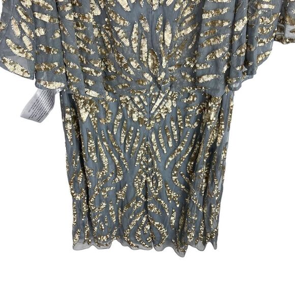 Mac Duggal Dress 20W Gold Blue Embellished Cape Sleeve Cocktail Metallic Sequin - Picture 2 of 11